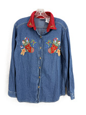 VTG Bobbie Brooks Women Denim Embroidered Christmas Long Sleeve Shirt M