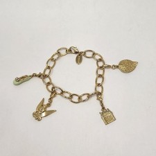 Disney Peter Pan Tinkerbell Charm Gold Tone Chain Bracelet Shoe Castle Leaf 