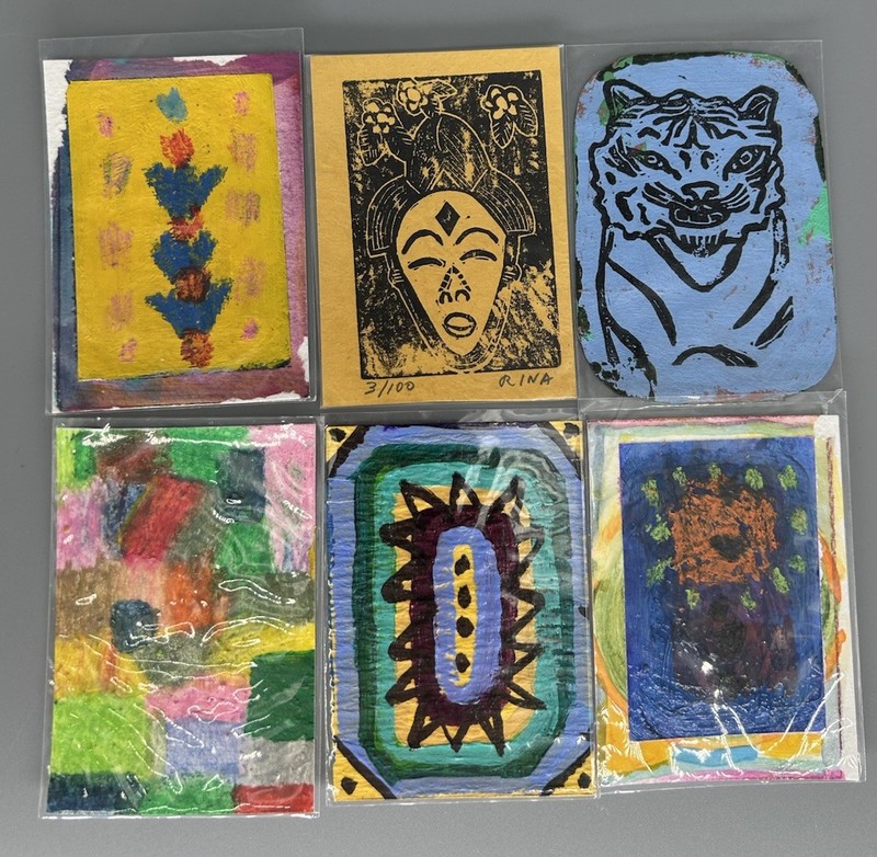 lot of 6 original artist trading cards 3.5 x 2.5 inches each, yellow theme