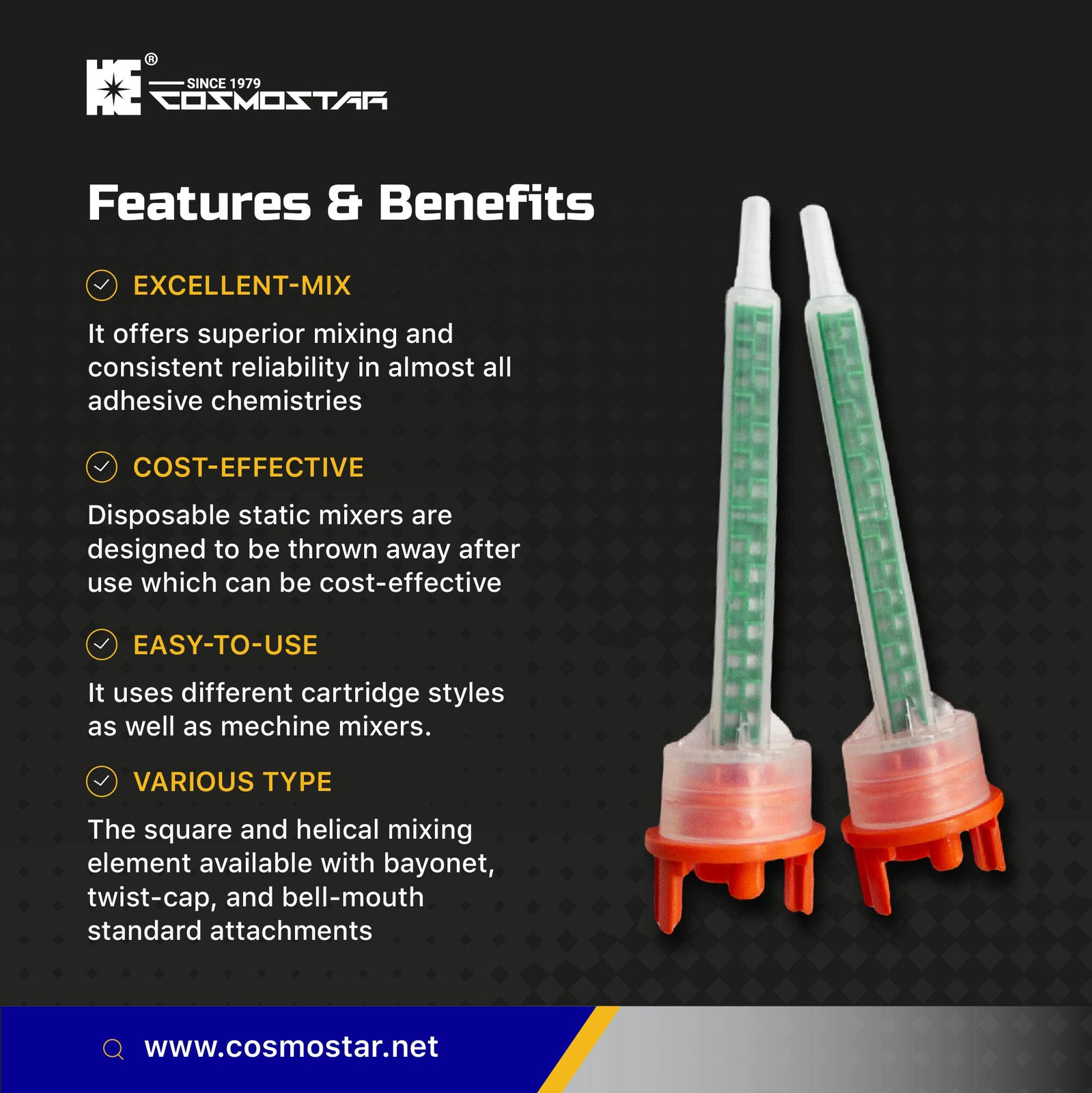 CosmoMix Square Static Mixer Nozzle Tube Tip, F System for 4:1/10:1 Mixing Ra...