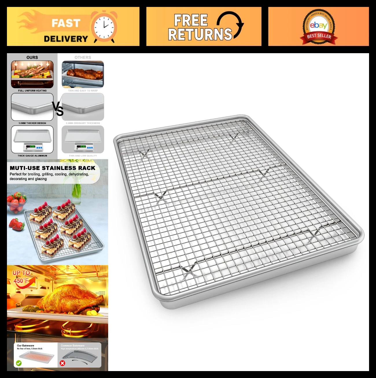Extra Large 24" Baking Sheet Set with Rack, Nonstick Aluminum Cookie Trays, Warp