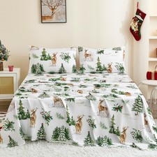 Christmas Sheet Set Queen Size 4 Pieces Reindeer Green Christmas Tree Fitted ...