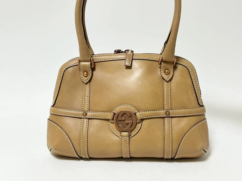 Gucci sac à main bandoulière cuir beige bronze garnitures 114882
