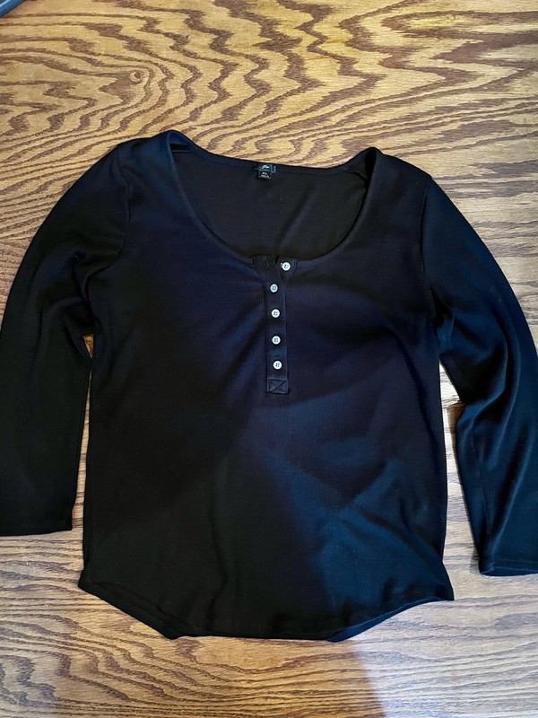J Crew Shirt XLarge Women Black Ribbed 3/4 Sleeve Henley Top Tee Scoop Neck