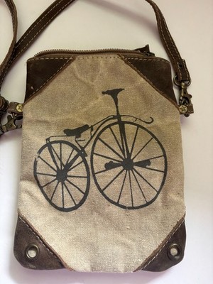 Myra Street By-Cycle Crossbody Tan Cotton Canvas Bicycle Print Bag SM 8x6x1 inch