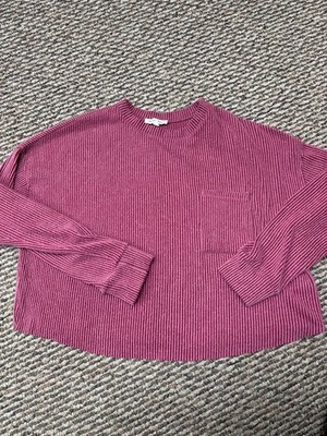 moa moa Women's Ribbed Knit Long Sleeve Pocket Sweater Top Pink L