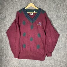 Vintage IZOD Cable Knit Sweater Mens Large Maroon Green V Neck Pullover 90s Logo