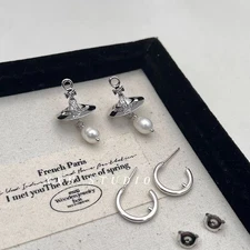 Pre-owned Vivienne Westwood Orb Pearl Drop Silver White Dangle Earrings No Box