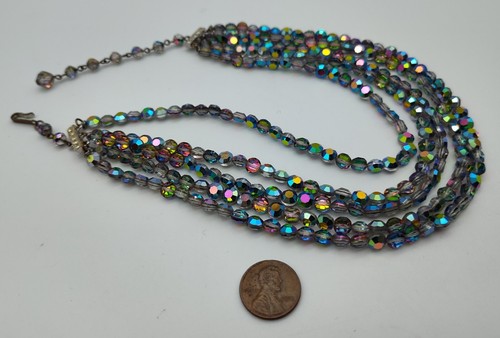 Vintage 5 Strand Silver T. Glass Faceted Aurora AB Laguna Choker Necklace - Picture 3 of 3