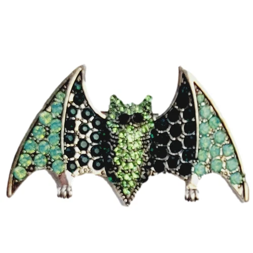Vintage Metal Bat Brooch Pin Green & Blue Rhinestones Costume Jewelry