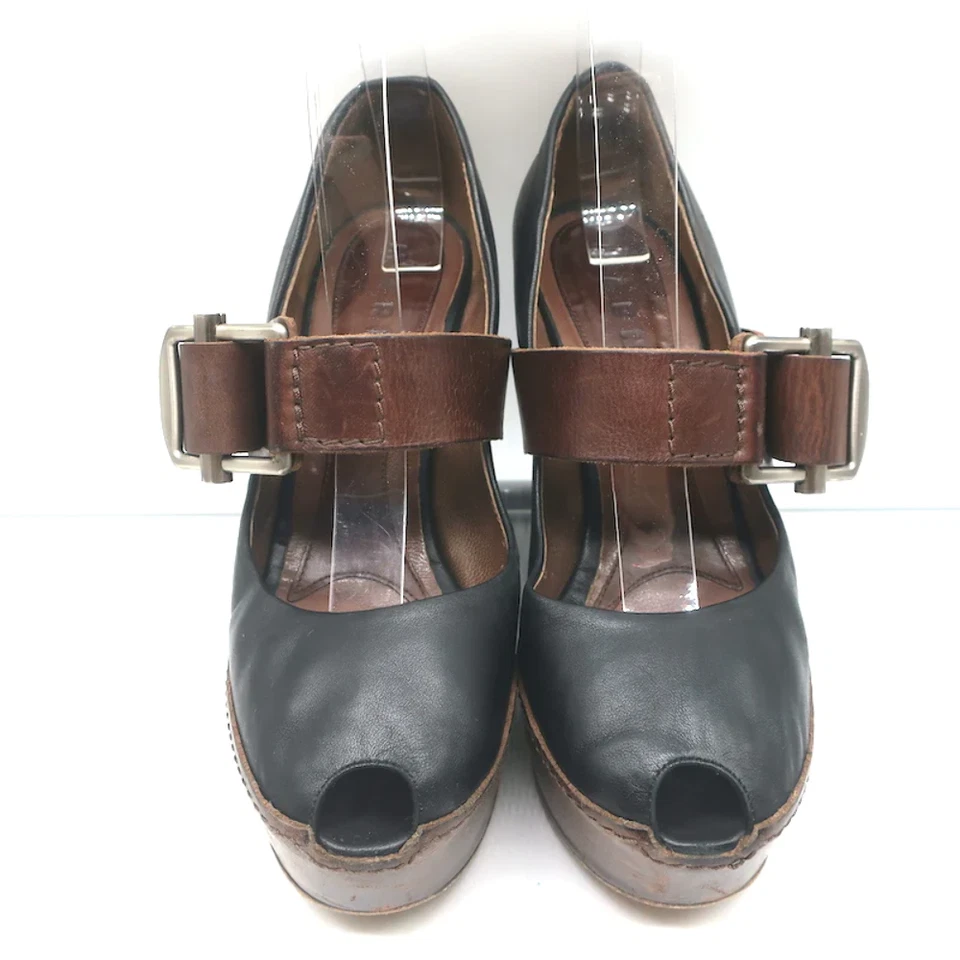 Zapatos de tacón de cuña Marni con hebilla de cuero negro y marrón talla 38 punta abierta Foto 4 de 4