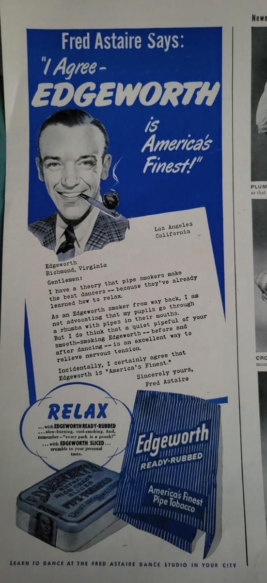 1947 Edgeworth Ready rubbed pipe tobacco Fred Astaire smoking vintage ad