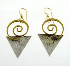 Courtney Peterson Signed Sterling Silver and Brass Hook Earrings 925 2 Inch 5.3g