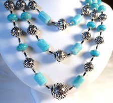 SS .925 BLUE PERUVIAN AMAZONITE NECKLACE  3 STRANDS & EARRINGS SET