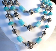 SS .925 BLUE PERUVIAN AMAZONITE NECKLACE  3 STRANDS & EARRINGS SET
