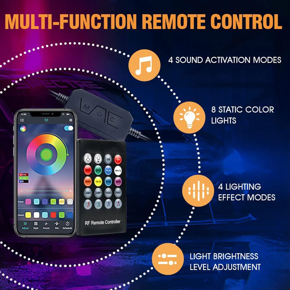 6pc RGB Multi-color LED Car Underglow Light Music Bluetooth APP For Lamborghini - Imagem 4 de 4