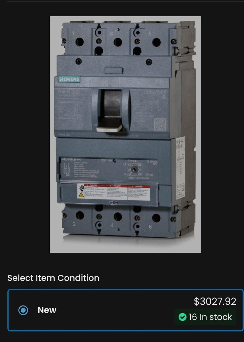 Disjoncteur ITE Siemens 3VA5340-6EC31 600V 300A 3 Pôles - Occasion Bon état (boîtier Fissuré)