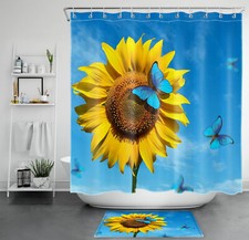 Blue Butterfly Yellow Sunflower Floral Shower Curtain Set for Bathroom Decor