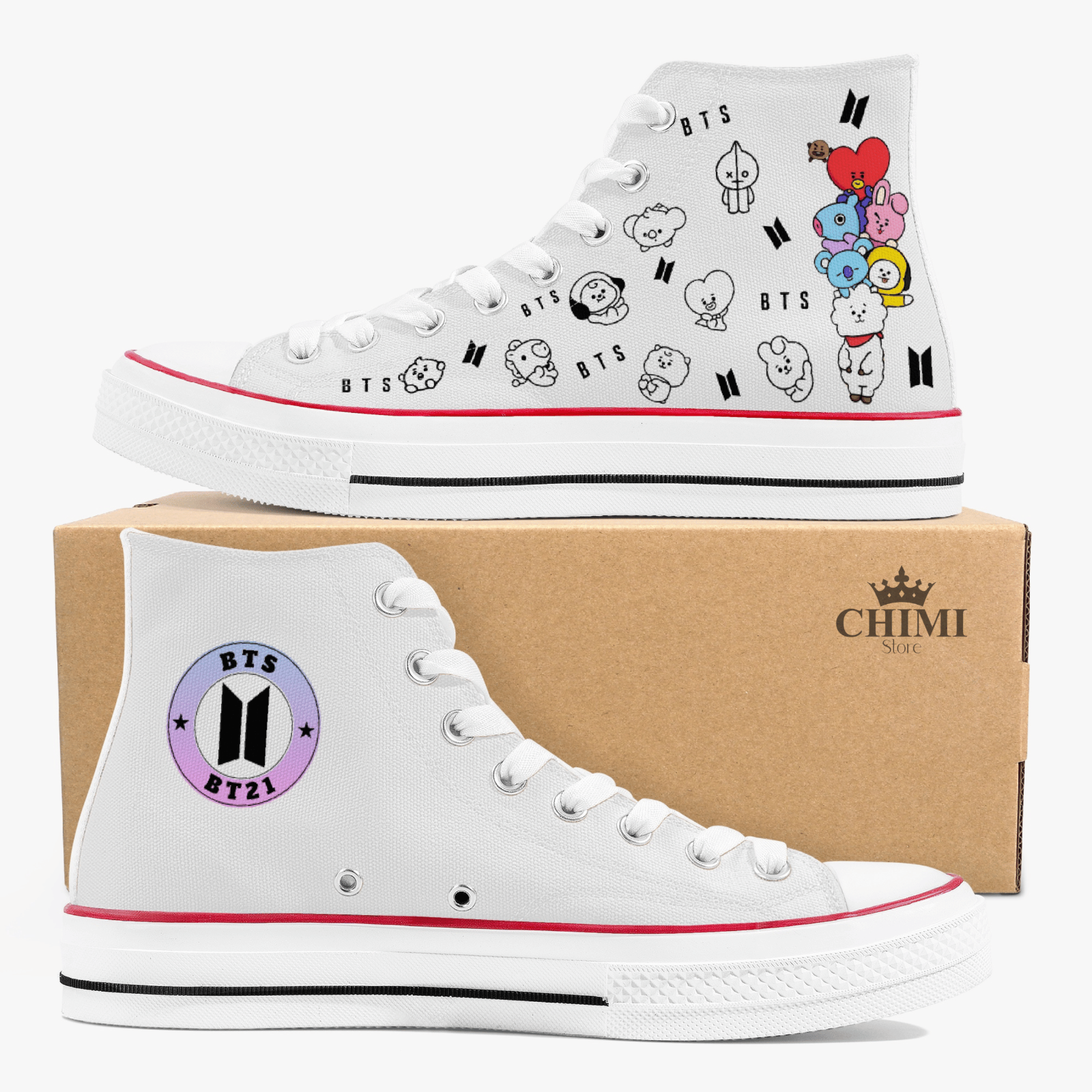 Custom BTS BT21 white high-top canvas sneakers for K-pop fashion fans