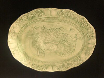 Vintage Large Green Embossed Turkey Platter 14