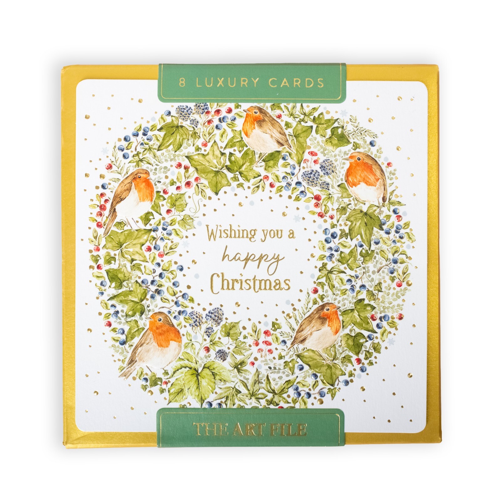Christmas Cards Robin Wreath Design - Luxury Set of 8 Embossed Foiled Xmas Cards