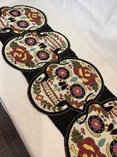 HALLOWEEN SUGAR SKULL Day of Dead Full Beaded Centerpiece Table Runner 14x38 NWT