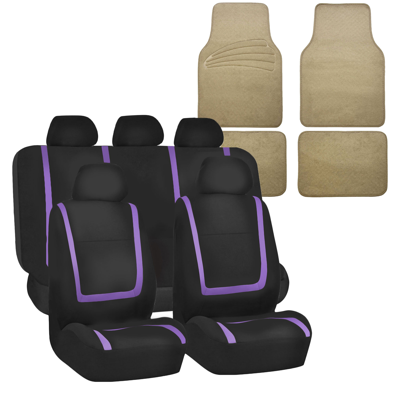 Universal Seat Covers For Auto Car Suv Van Purple Full Set w/ Beige Floor Mats