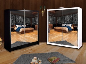 Sliding Door Full Mirror Wardrobe Queen With Led Light Two Color