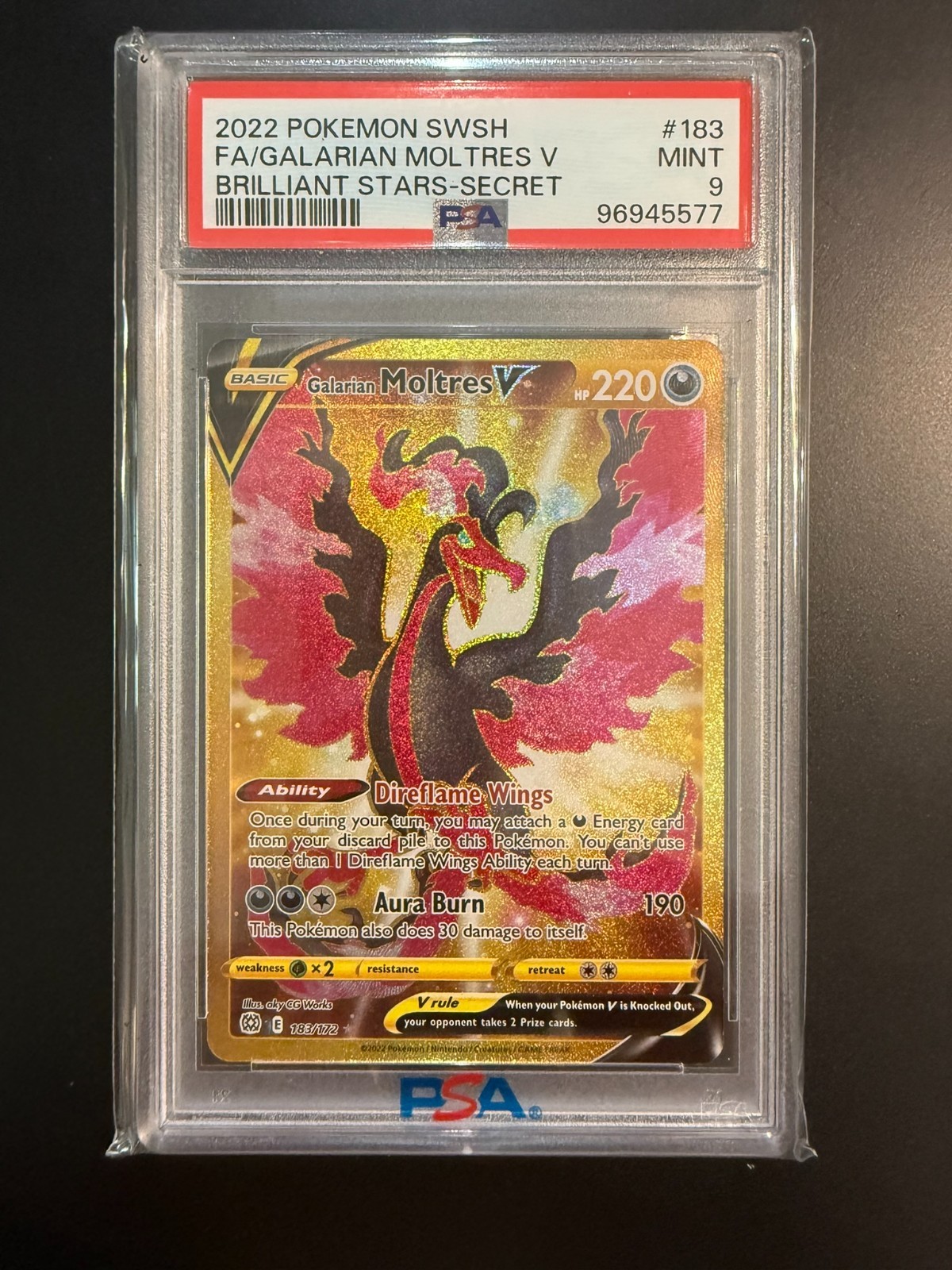 2022 Pokémon TCG Full Art Galarian Moltres V #183 Brilliant Stars - PSA 9