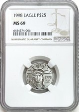 1998 US PLATINUM $25 DOLLAR 1/4 oz EAGLE COIN NGC MINT STATE 69 3960.00 per troy oz