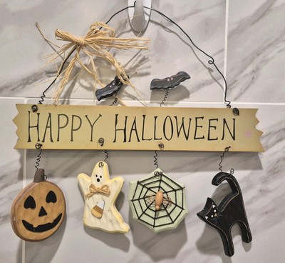 Rustic Happy Halloween Sign Ghost Cat Spider Bats 14.5'' Long