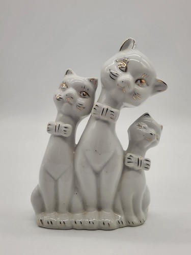 Vintage Long Neck Cat Family Wearing Bowties Figurine Siamese Gold Detail 6" - 第 1/10 張圖片