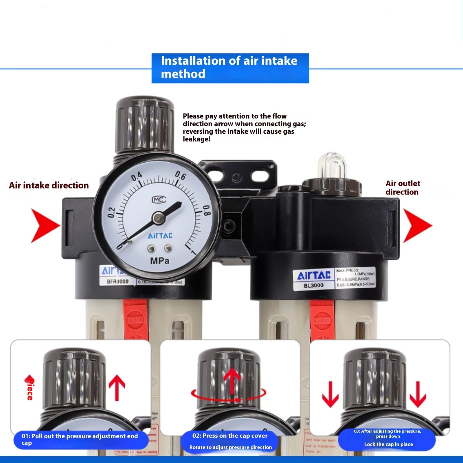 Compressed Air Filter Regulator Lubricator Combo Airtac BFC3000 3/8'' NPT 