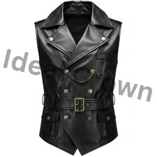 Men's Black Leather Vest Steampunk Gothic Military Biker Waistcoat Jacket