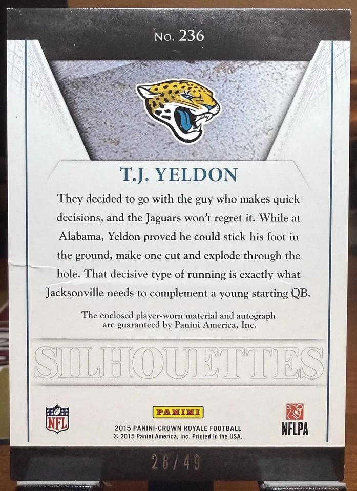 2015 Crown Royale Silhouettes Patch Auto - TJ Yeldon #236 - Numbered 28/49 - Image 2 of 2