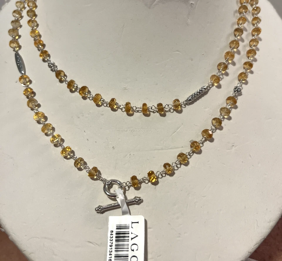 LAGOS 鱼子酱图标黄水晶串珠项链纯银 34 英寸全新 — 第 2/4 张图片