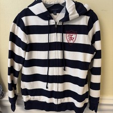TOMMY HILFIGER Striped Zip Up Hoodie Sweatshirt - Navy Blue/white Women  s Large