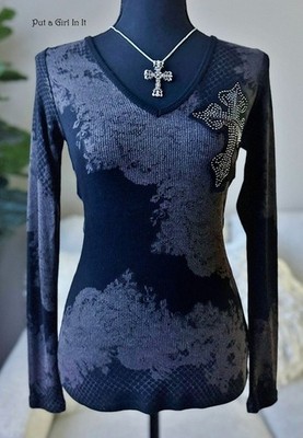 USA Vocal Apparel Women's Embellished Crystal Black Gray Cross Lace Shirt M L