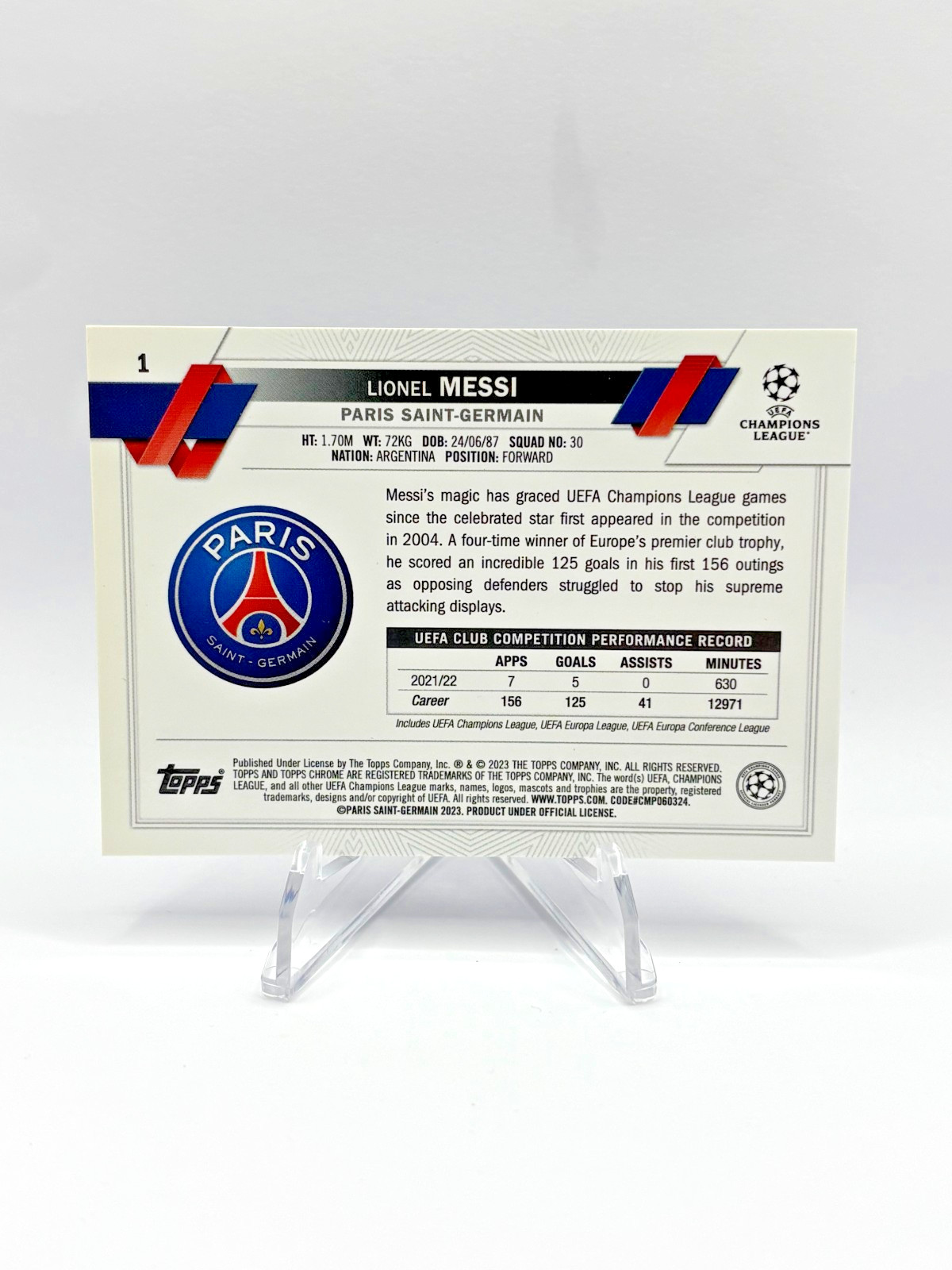 Lionel Messi 2022-23 Topps Chrome UEFA Champions League SAPPHIRE REFRACTOR SP view 5