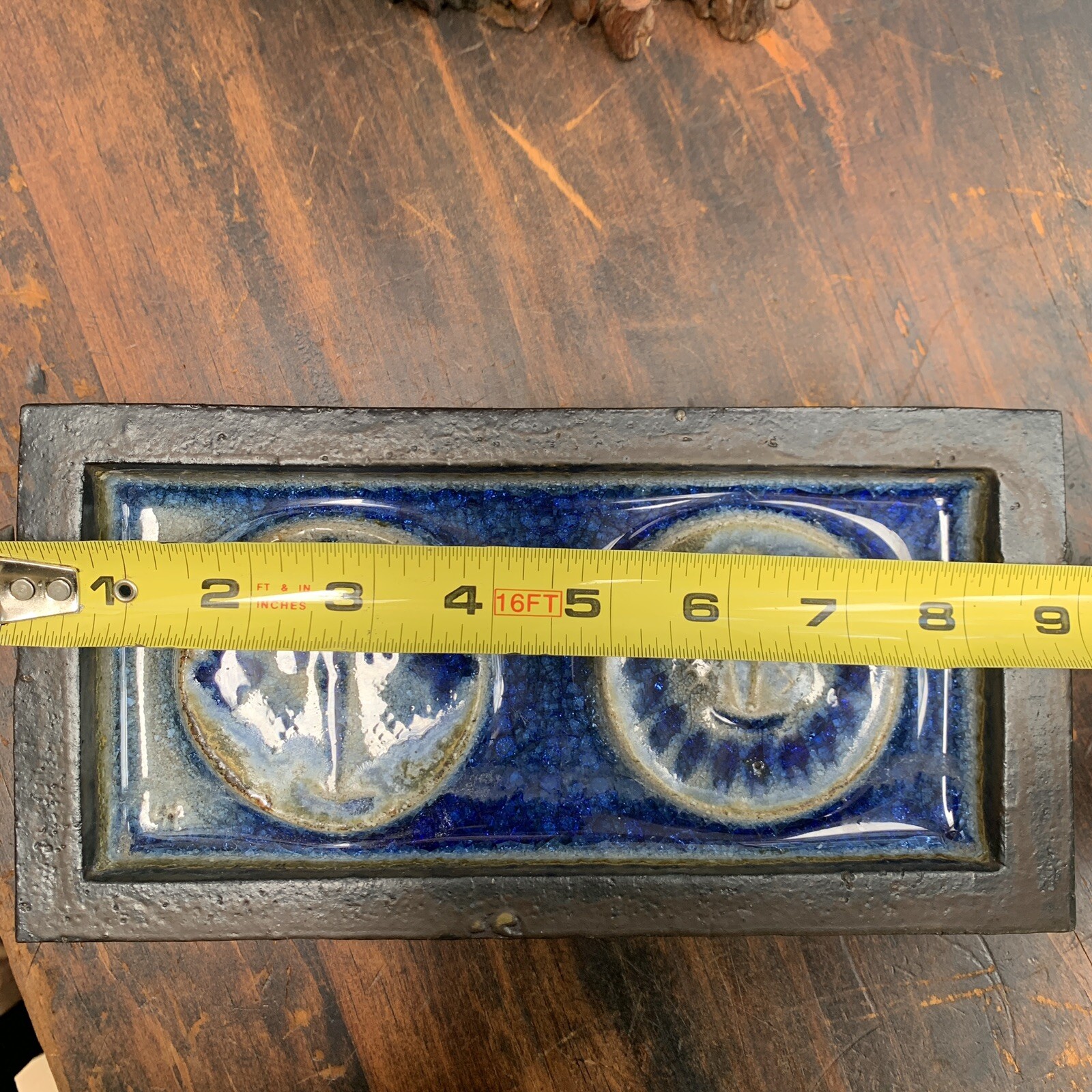 MCM SEYEI Brutalist Tile Dish Art Pottery Blue Mid Century Modern Faces