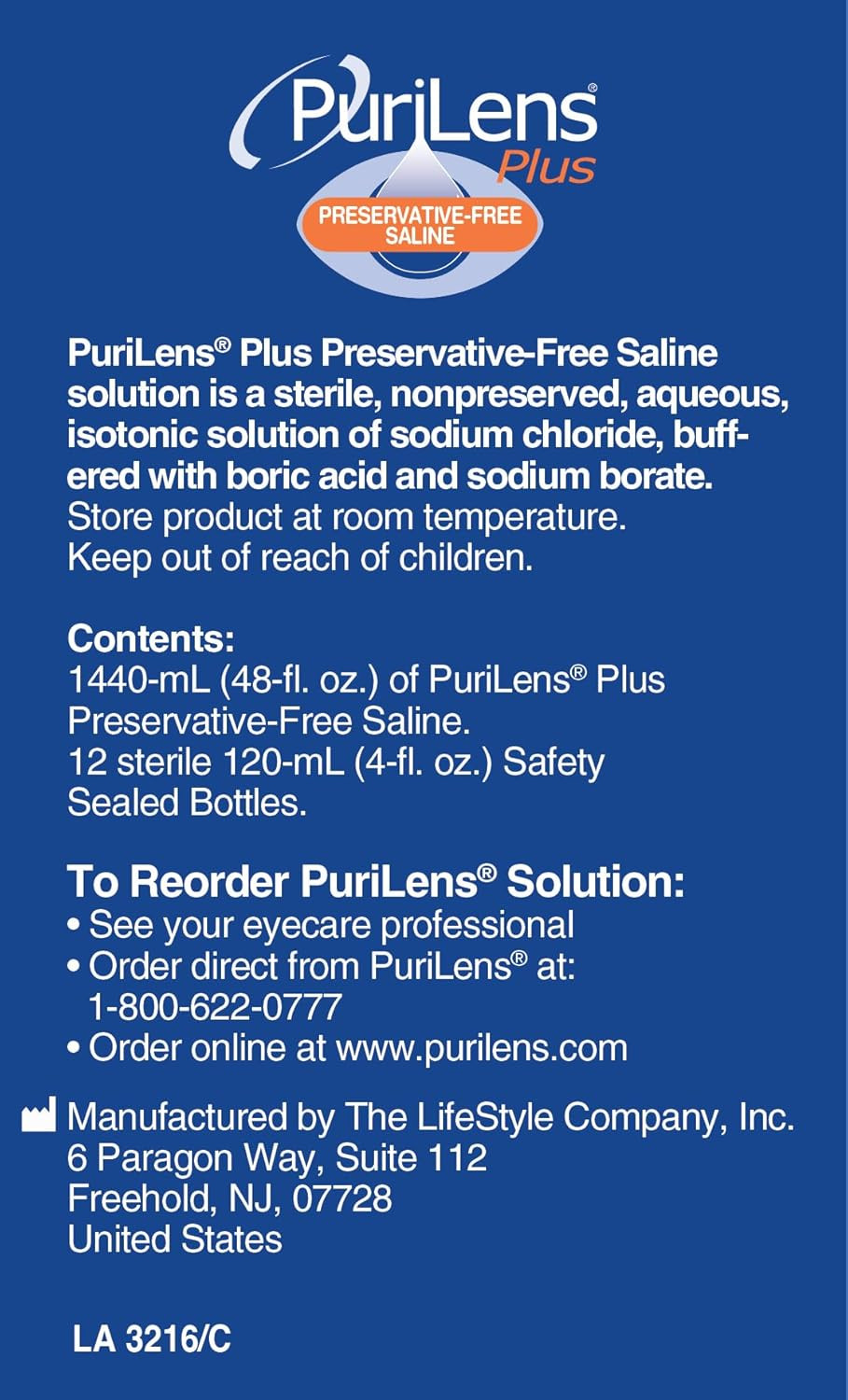 Purilens plus Preservative-Free Contact Lens Saline 120Ml (4 Fl. Oz.) 12 Pack