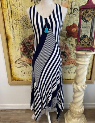 Laurie Felt Asymmetrical V-Neck Dress Navy Blue Stripe XXS New Travel
