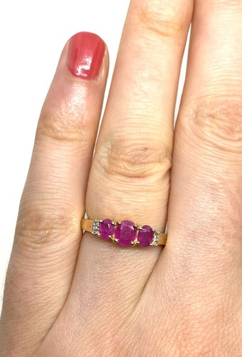 Gold Ruby Ring 9ct Yellow Gold Three Stone Ruby Diamond Ring Ruby Trilogy Ring - Picture 6 of 16