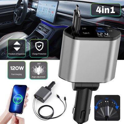 Retractable Car Charger 4 in 1 Fast Car Phone Charger 120W With USB Type C Cable