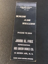 Vintage Matchbook: “John H Fox - Hix Green Buick Co”