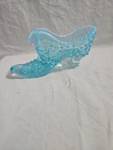 Vintage Fenton Blue Opalescent Glass Hobnail Slipper Shoe Cat Head