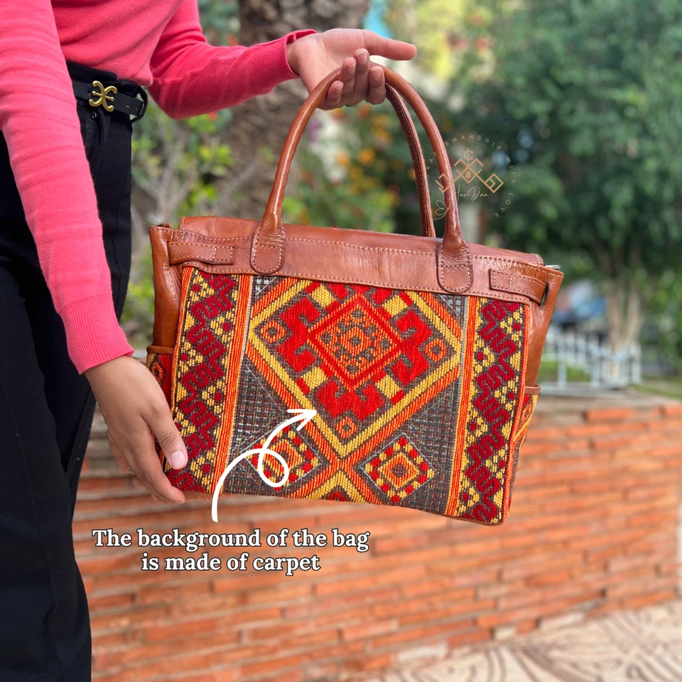 Medium Genuine Leather Shoulder Bag – Brown Leather & Orange Kilim Carpet Design - Image 4 of 4