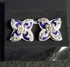 BEAUTIFUL  Blue Lapis Layered Marcasite Pinwheel Star  Sterling Earrings FAS