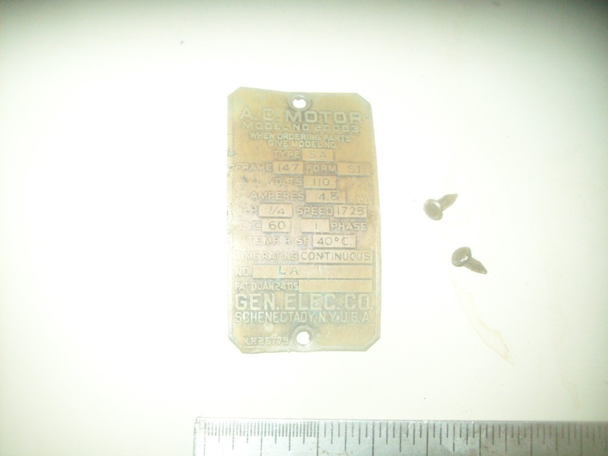 Brass General Electric Motor Plate Model 20003 & Brads From Wood