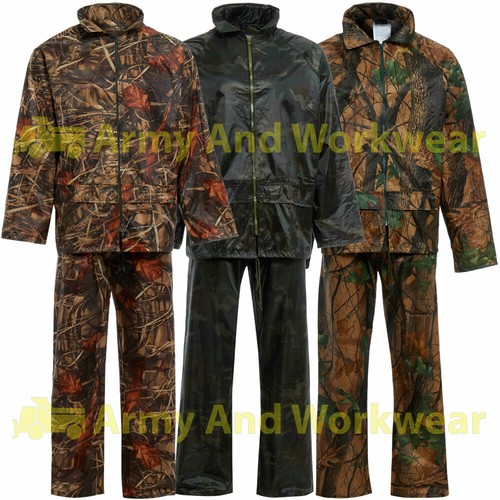 Mens Camo Waterproof Rain Suit Set Hooded Jacket Trouser Army Fishing